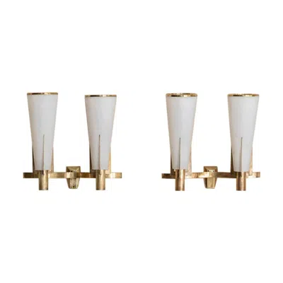 Pre-owned Stilnovo Pair Of Brass And Opaline Glass Wall Lamps By , Italy 1955 In Transparent