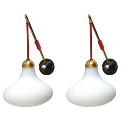 Pre-owned Stilnovo Pair Of Italian Vintage White Glass And Brass  Wall Lights Sconces 1950s