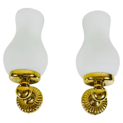 Pre-owned Stilnovo Pair Of Midcentury Brass And Opaline Glass Wall Lamps, Italy, 1960s In Sand
