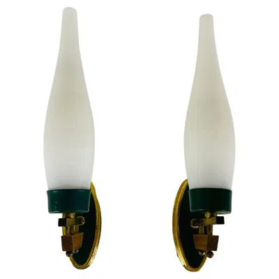 Pre-owned Stilnovo Pair Of Midcentury Brass And Opaline Glass Wall Lamps, Italy, 1960s In Sand