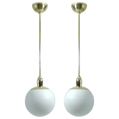 Pre-owned Stilnovo Pair Of Mid-century Modern Italian Satinated Glass And Brass Pendants, 1960s In Transparent