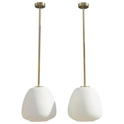 Pre-owned Stilnovo Pair Of Midcentury Pendant Lantern Italian Design Brass White Murano