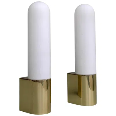 Pre-owned Stilnovo Pair Of Monumental Brass And Opaline Glass Wall Lamps, 1970s In Transparent
