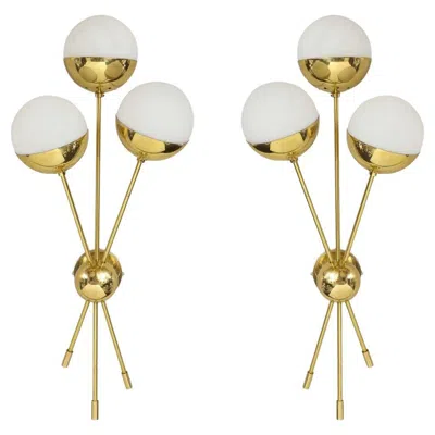 Pre-owned Stilnovo Pair Of Opaline Globe Sconces In Polished Brass In Sand