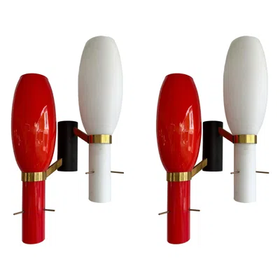 Pre-owned Stilnovo Pair Of Sconces Brass And Glass By . Italy, 1950s In Brown