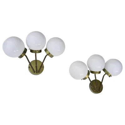 Pre-owned Stilnovo Pair Of Wall Lamps In Brass With Opaline Glass Balls, Attributed To  In Transparent