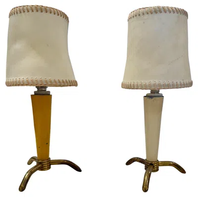 Pre-owned Stilnovo Petite Table Lamps W/ Hand-stitched Parchment Shades, Pair In Brown