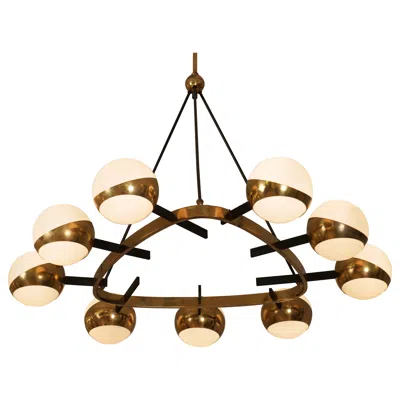 Pre-owned Stilnovo Rare  Chandelier Brass And Nine Opaline Shades. Italy C1950 In White