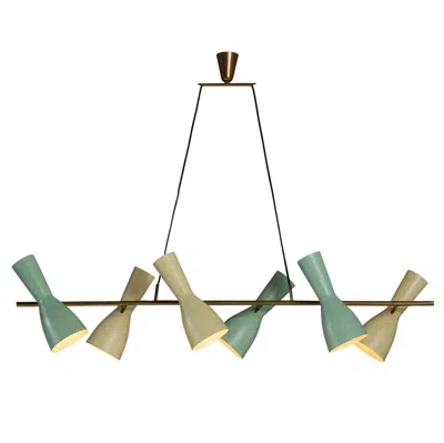 Pre-owned Stilnovo Rare  Large Chandelier In Brass With Mint Green And Pastel Yellow Shades