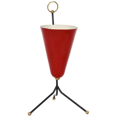 Pre-owned Stilnovo Red Lacquered Metal And Brass Conical Italian Table Lamp With Tripod, 1950s