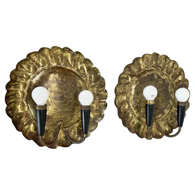 Pre-owned Stilnovo Set Of 2 Brass 31cm Gio Ponti Style Theatre Wall Light Sconces, Italy, 1950s In Brown