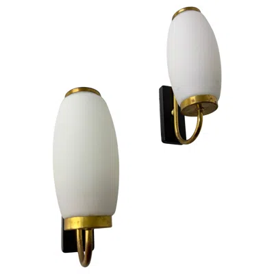 Pre-owned Stilnovo Set Of Two Opaline Glass And Brass Wall Lamps Attributed To , 1950s In Transparent