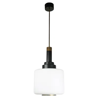 Pre-owned Stilnovo Style Black Metal Brass Opaline Glass Mid-century Modern Pendant Lamp