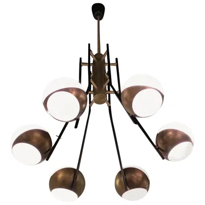 Pre-owned Stilnovo Style Chandelier Brass Opaline Glass Iron, 1950, Italy In Transparent