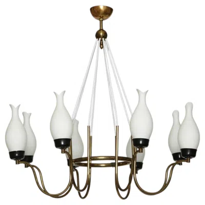 Pre-owned Stilnovo Style Chandelier, Opaline Glass & Brass, Mid-century Modern Italy In Clear