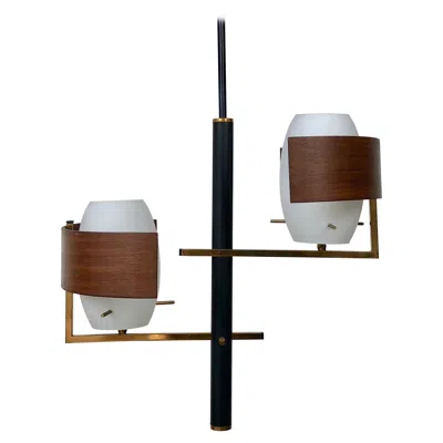 Pre-owned Stilnovo Style Teak, Brass And Opaline Glass Chandelier Pendant, 1960s, Italy In Brown
