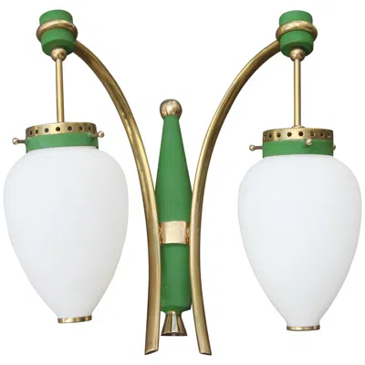 Pre-owned Stilnovo Style White Glass Green And Golden Brass Italian Sconces, 1958