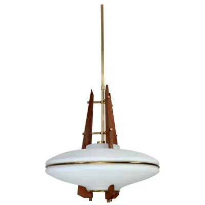 Pre-owned Stilnovo Teak, Brass And Opaline Glass Italian Pendant Chandelier Attributed To  In Brown