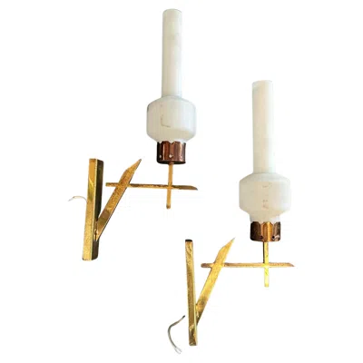 Pre-owned Stilnovo Two 1950s  Style Mid-century Modern Brass And Glass Italian Wall Sconces In Sand