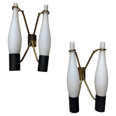 Pre-owned Stilnovo Two 1950s  Style Mid-century Modern Brass And Glass Wall Sconces In Transparent