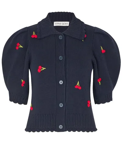 Stine Goya Bobble Knit Polo Cardigan In Blue