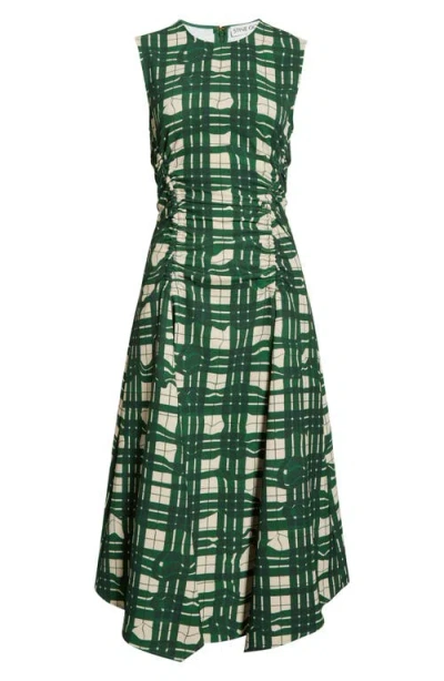 Stine Goya Check Ruched Sleeveless Midi Dress In Green