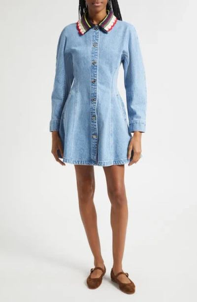 Stine Goya Collared Long Sleeve Denim Minidress In Blue