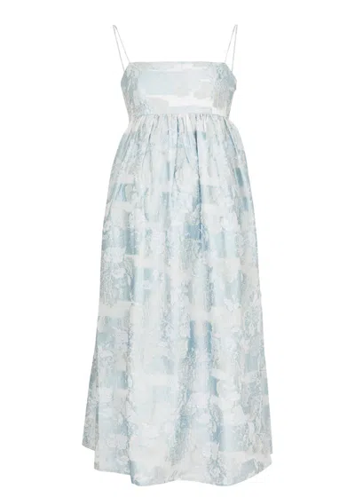 Stine Goya Darya Floral Cloqué Midi Dress In Blue/white