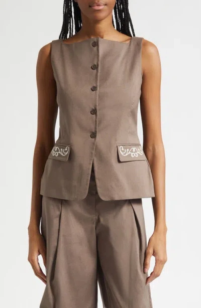 Stine Goya Embroidered Detail Canvas Vest In Brown