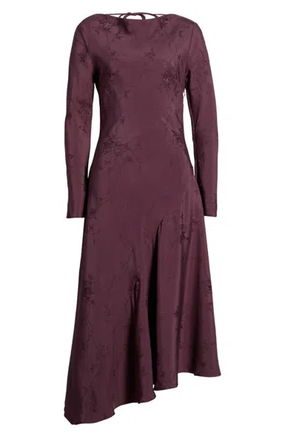 Stine Goya Floral Jacquard Open Back Asymmetric Hem Midi Dress In Purple