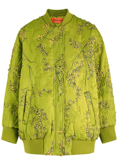 Stine Goya Floral-print Embellished Satin Bomber Jacket In Green