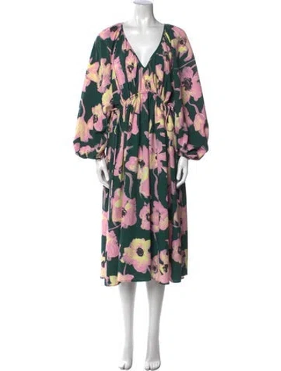 Pre-owned Stine Goya Floral Print Midi Length Dress In Green