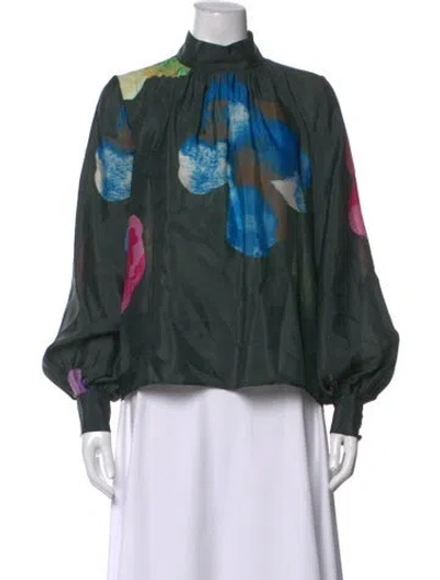 Pre-owned Stine Goya Floral Print Mock Neck Blouse In Green