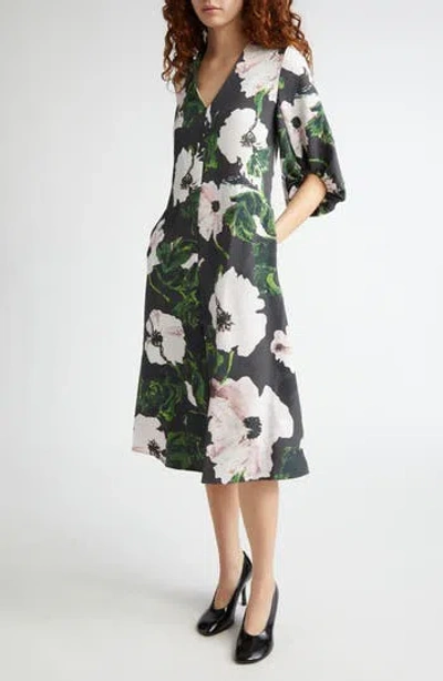 Stine Goya Floral Print Puff Sleeve Midi Dress In Black