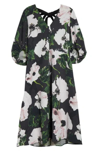 Stine Goya Floral Print Puff Sleeve Midi Dress In Black