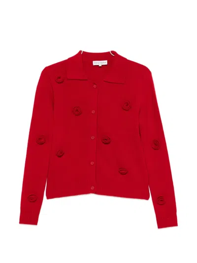 Stine Goya Floral-appliqué Polo Cardigan In Red