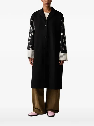 Stine Goya Floral-print Striped-cuff Coat In Black