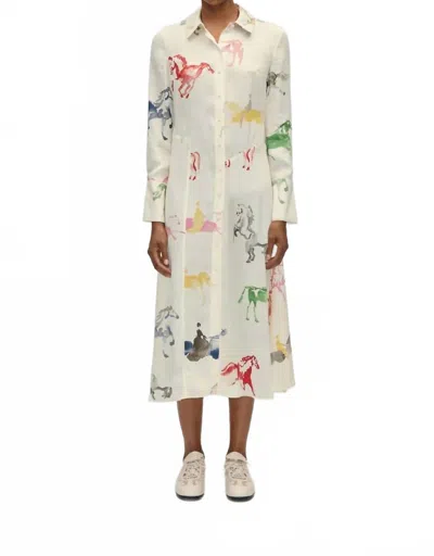 Stine Goya Front Placket Midi Polo Midi Dress In Off-white Horses In Multi