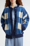 Stine Goya Gingham Check Knit Bomber Jacket In Blue Gingham Check