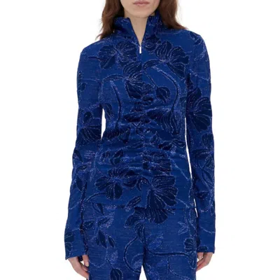 Stine Goya High Neck Long Seeve Top In Fine Line Poppies In Blue