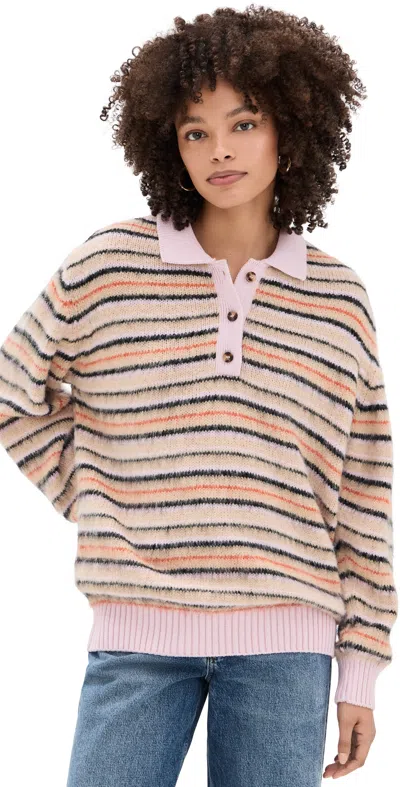 Stine Goya Long Sleeve Knit Polo Alpaca Cream Stripes
