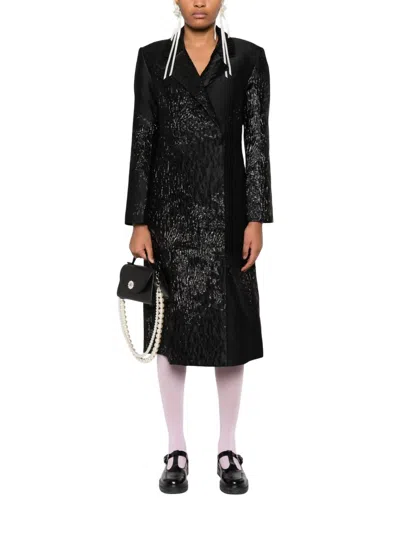 Stine Goya Long Sleeve Straight Coat In Black Impressionist Hue In Multi