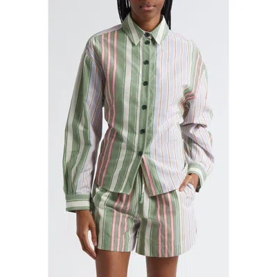 Stine Goya Mixed Stripe Tie Back Organic Cotton Button-up Shirt In Green