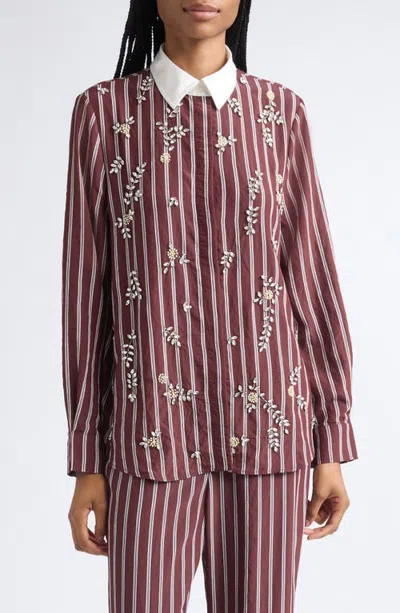 Stine Goya Oversize Floral Embellished Stripe Shirt In Brown