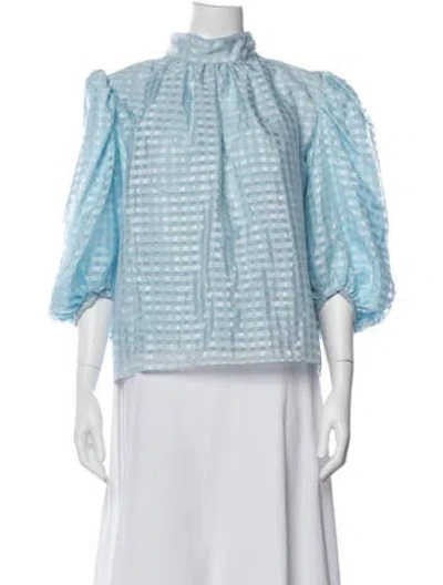 Pre-owned Stine Goya Plaid Print Mock Neck Blouse In Blue