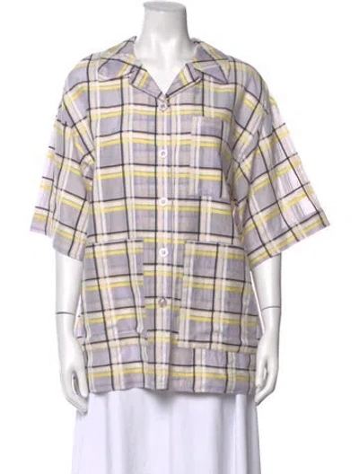 Pre-owned Stine Goya Plaid Print Short Sleeve Button-up Top W/ Tags In Purple