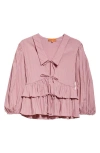 Stine Goya Plissé Tie Front Balloon Sleeve Top In Pink Nectar