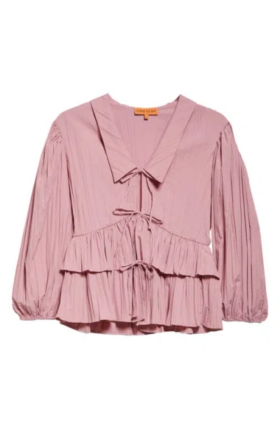 Stine Goya Plissé Tie Front Balloon Sleeve Top In Pink Nectar