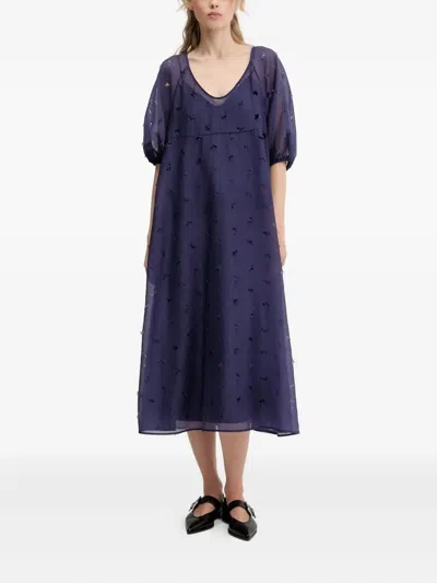 Stine Goya Puff-sleeve Floral-cut Midi Dress In Blue