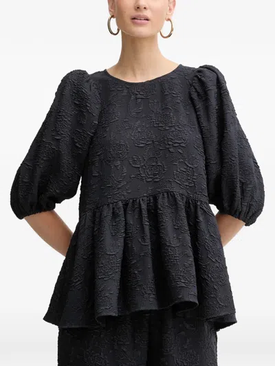 Stine Goya Puffed-sleeve Floral-effect Top In Black